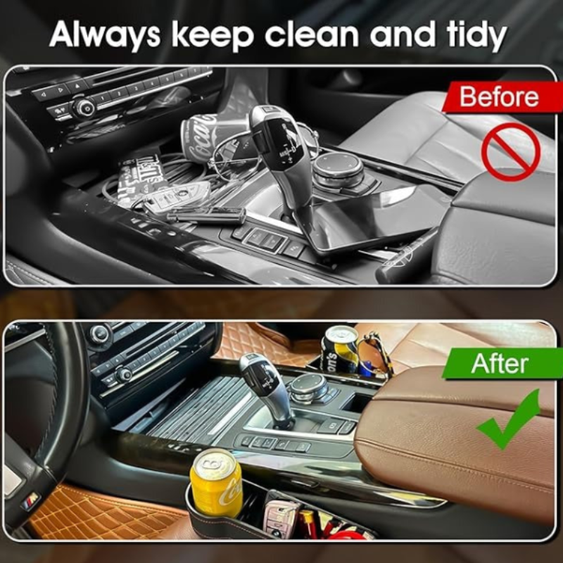 Multifunction Car Seat Organizer – Gap Filler Storage Box with Red Stitching