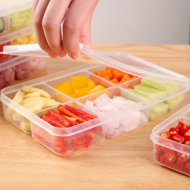 Kitchen Refrigerator Sealed Storage Box – 6 Compartment Plastic Crisper with Lid & Microwave-Safe Lunch Box (Pack of 1)