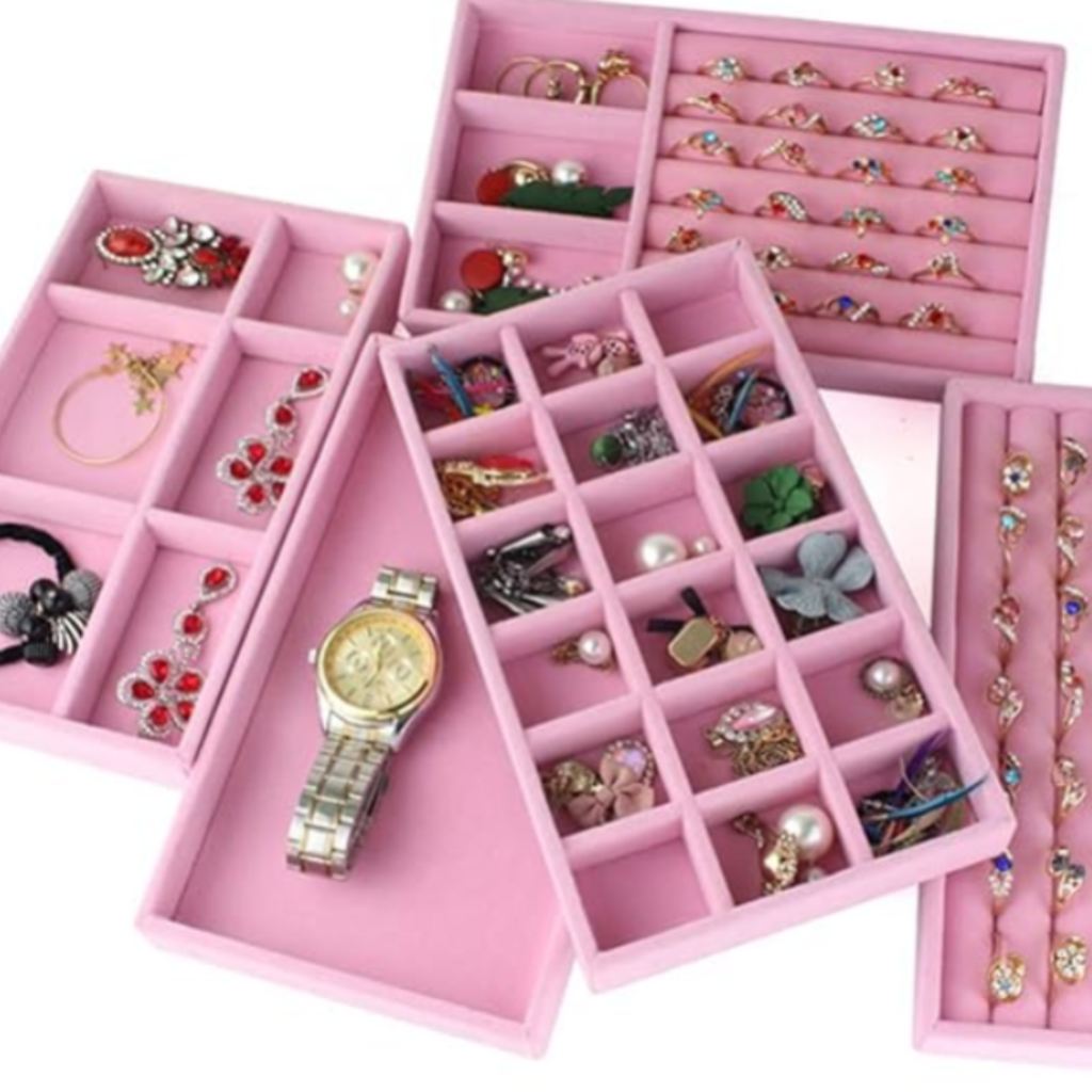 Velvet Pink Jewelry Storage Tray – 18 Slots Earring & Ring Organizer, Stackable Jewelry Display Box(Pack of 1)