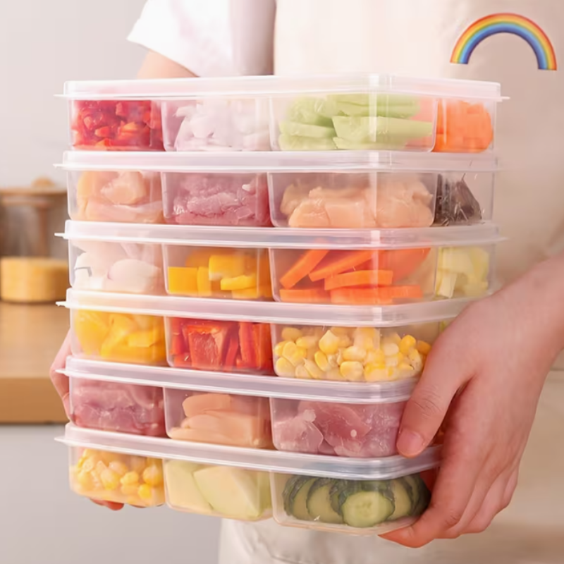 Kitchen Refrigerator Sealed Storage Box – 6 Compartment Plastic Crisper with Lid & Microwave-Safe Lunch Box (Pack of 1)