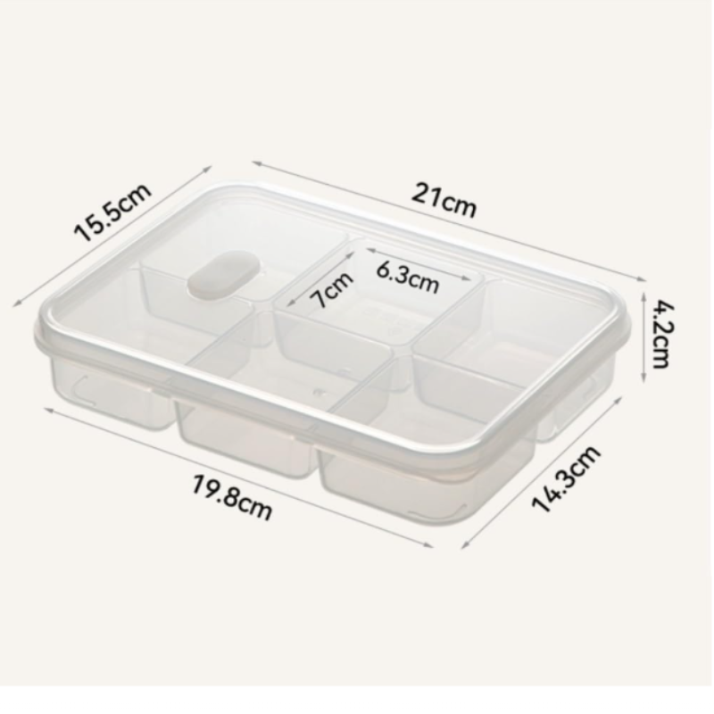 Kitchen Refrigerator Sealed Storage Box – 6 Compartment Plastic Crisper with Lid & Microwave-Safe Lunch Box (Pack of 1)
