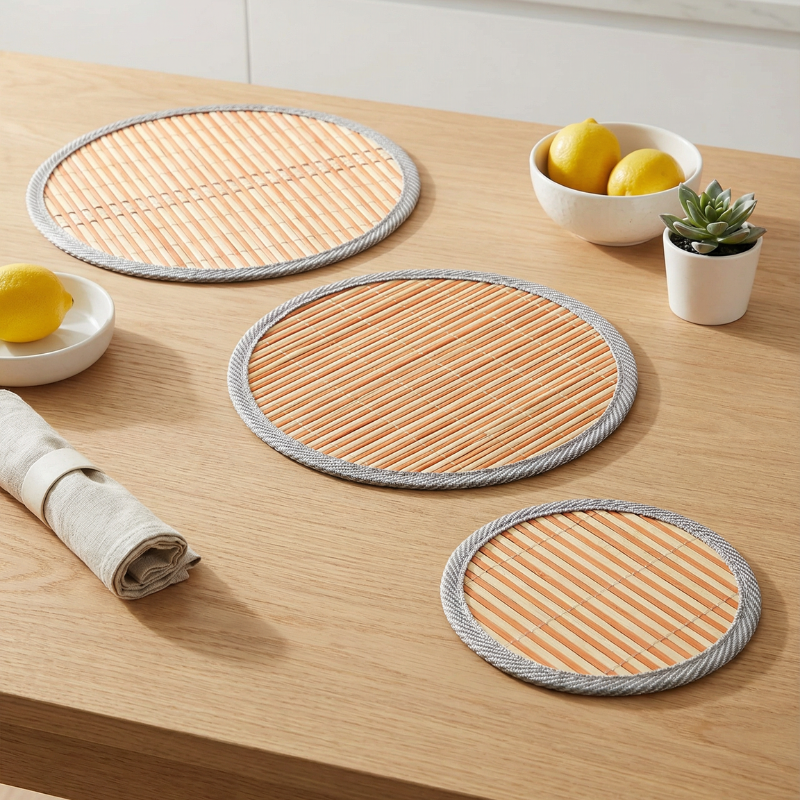 Round Bamboo Table Mat with Rope Border – Heat-Resistant Placemat & Coaster for Dining Table, Kitchen, & Cookware (Set of 3 Sizes-Small,Midium & Large)