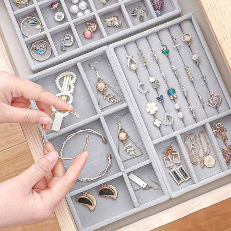 Velvet Jewelry Organizer 4 Pcs Tray – Stackable Storage Box with Compartments for Rings, Earrings, Bracelets, and Necklaces