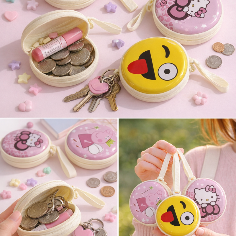 Small Round Cartoon Coin Pouch & Earphone Case – Cute Emoji & Popular Character Mini Zipper Pouch for Kids & Teen(Random Design-Pack of 1)