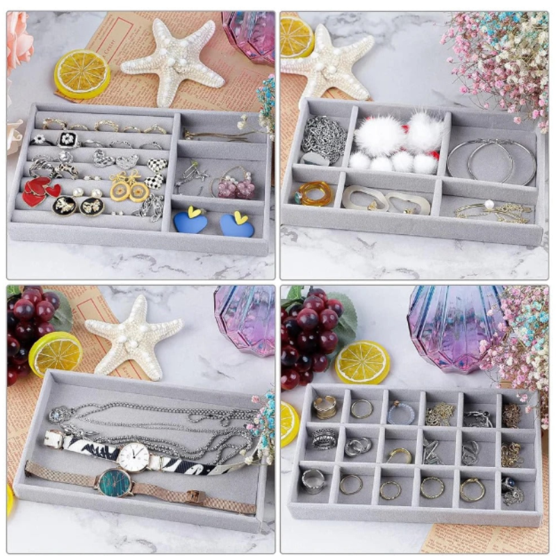 Velvet Jewelry Organizer 4 Pcs Tray – Stackable Storage Box with Compartments for Rings, Earrings, Bracelets, and Necklaces