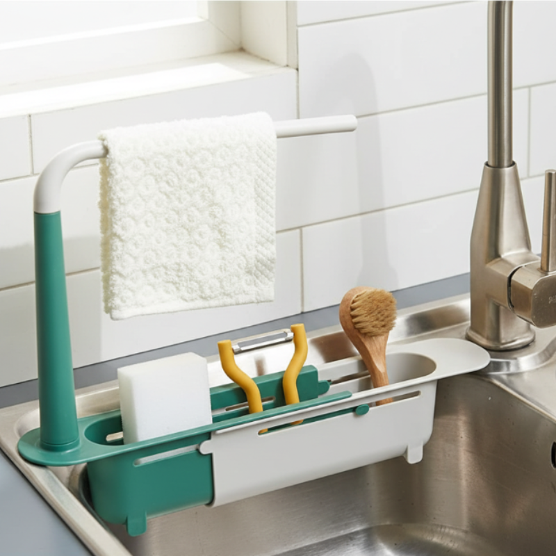 Adjustable Telescopic Sink Shelf – Expandable Kitchen Sink Organizer Rack with Drain Basket & Cloth Hanger (Random Color- Pack of 1)
