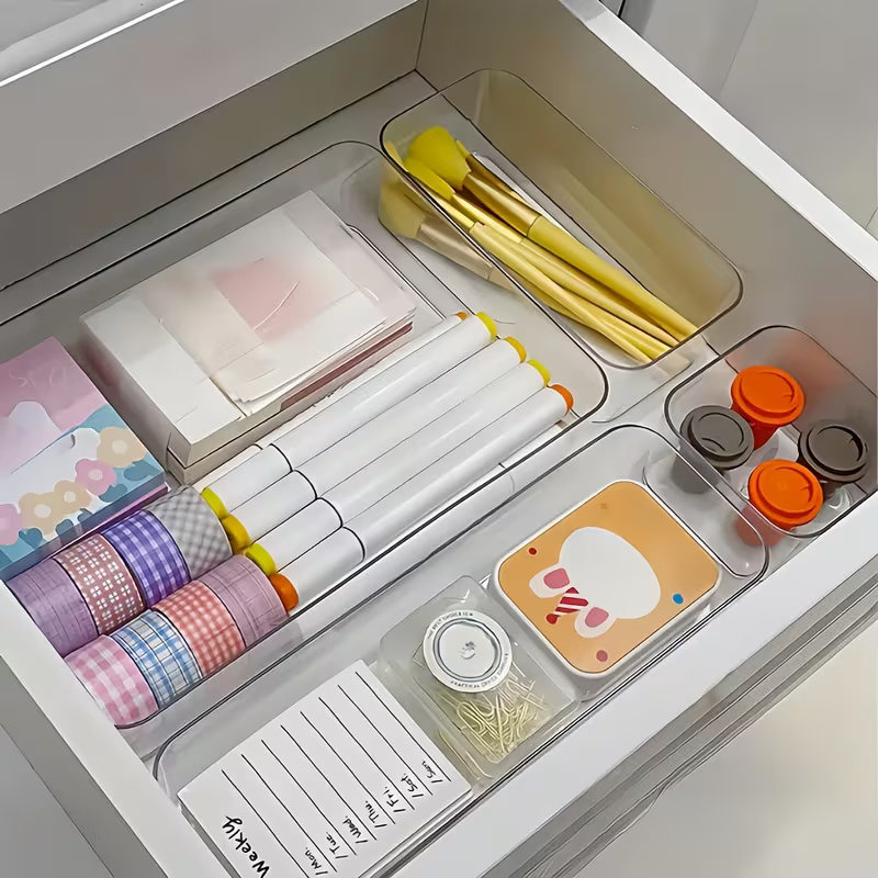 7-Piece Clear Drawer Organizer Tray Set - Multipurpose Storage Set for Kitchen, Home & Office