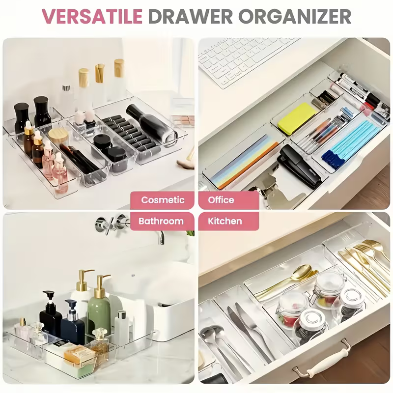 7-Piece Clear Drawer Organizer Tray Set - Multipurpose Storage Set for Kitchen, Home & Office