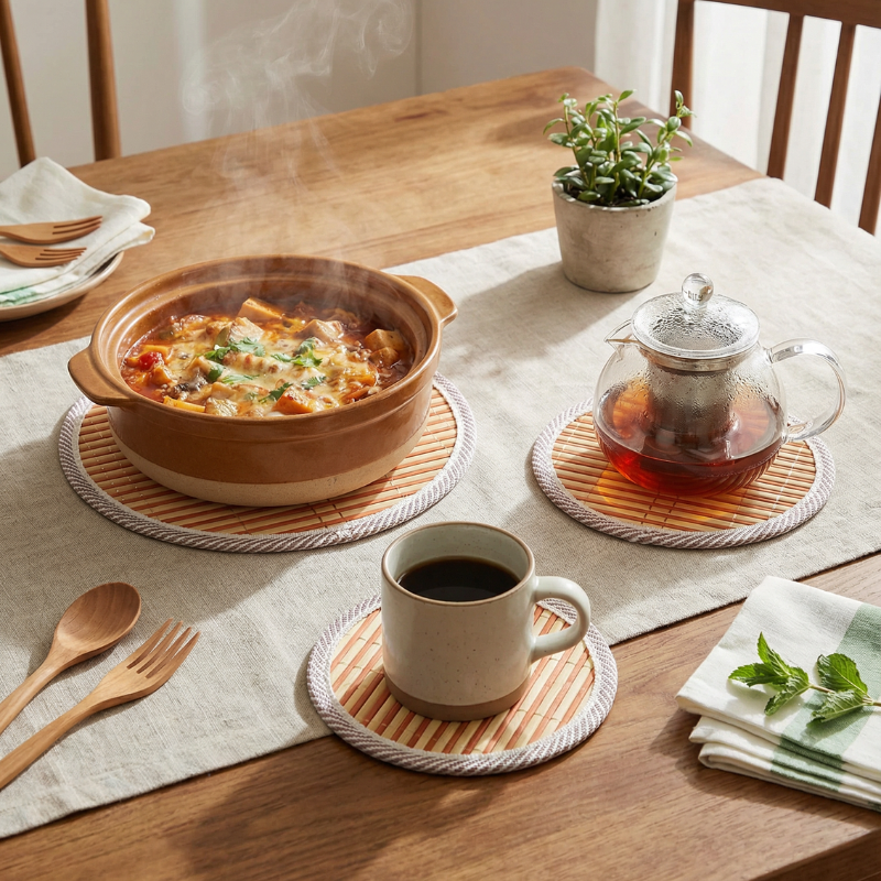 Round Bamboo Table Mat with Rope Border – Heat-Resistant Placemat & Coaster for Dining Table, Kitchen, & Cookware (Set of 3 Sizes-Small,Midium & Large)