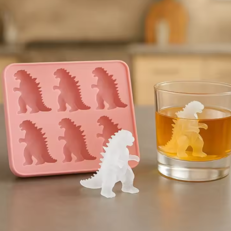 6 Cavity Dinosaur Ice Cube Tray with Lid – Fun Silicone Ice Mold for Drinks & Desserts (Random Color- Pack of 1)