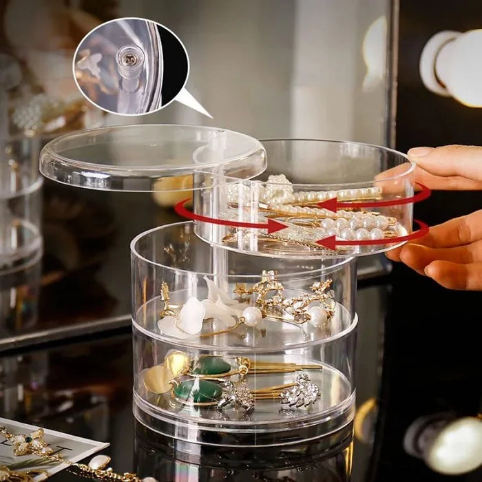 3-Layer Rotating Jewelry Storage Box –  Round Organizer for Rings, Earrings, and Accessories