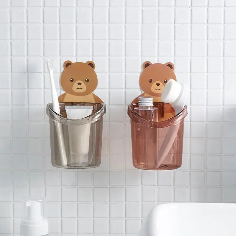 Cartoon Bear Self-Adhesive Toothbrush Holder – Wall Mounted Bathroom Organizer for Kids & Family (Random color-Pack of 1)