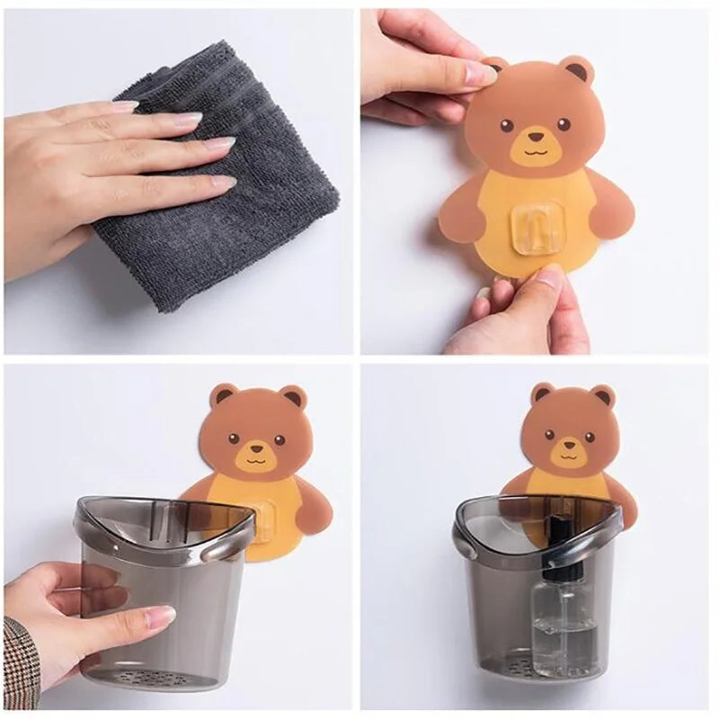 Cartoon Bear Self-Adhesive Toothbrush Holder – Wall Mounted Bathroom Organizer for Kids & Family (Random color-Pack of 1)