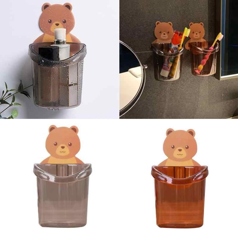 Cartoon Bear Self-Adhesive Toothbrush Holder – Wall Mounted Bathroom Organizer for Kids & Family (Random color-Pack of 1)