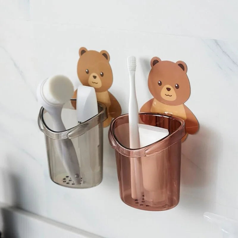 Cartoon Bear Self-Adhesive Toothbrush Holder – Wall Mounted Bathroom Organizer for Kids & Family (Random color-Pack of 1)