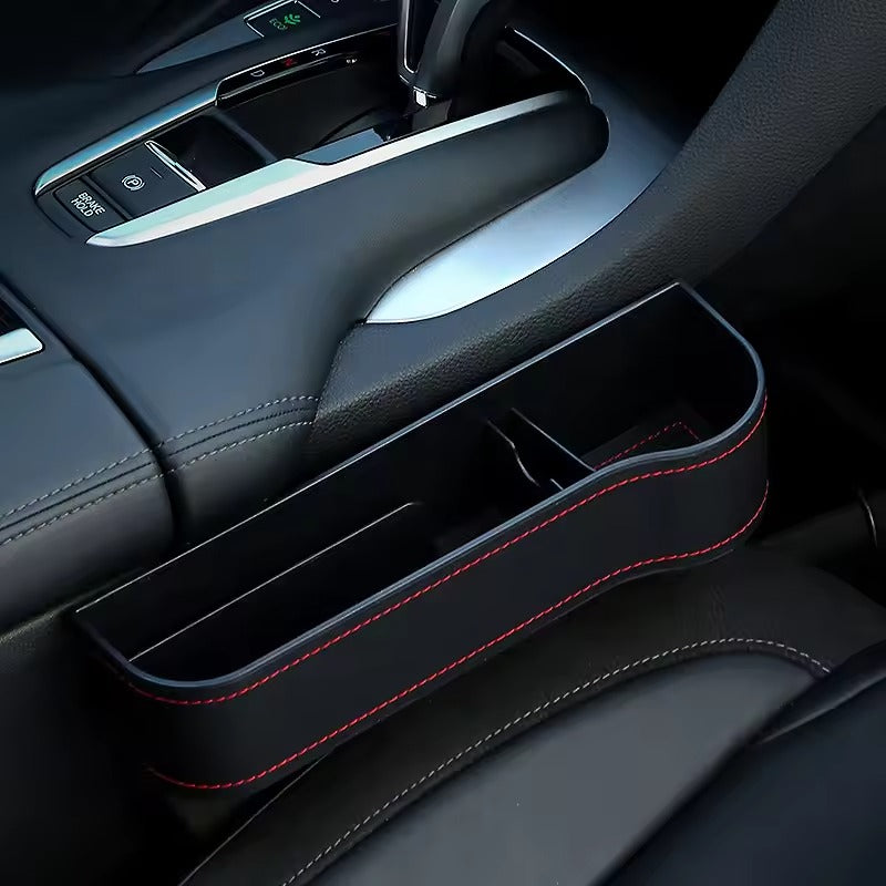 Multifunction Car Seat Organizer – Gap Filler Storage Box with Red Stitching