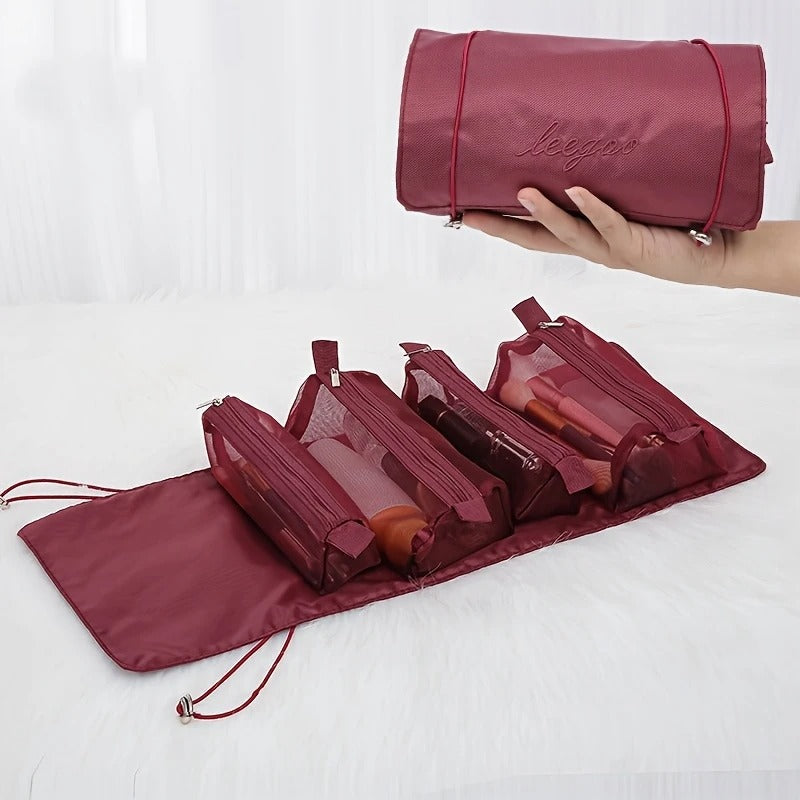 4-in-1 Roll-Up Hanging Makeup Bag with Detachable Mesh Pouches – Travel Cosmetic Organizer (Random Color-Pack of 1)