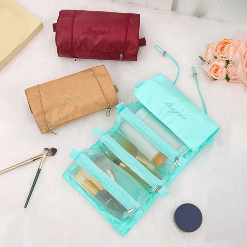 4-in-1 Roll-Up Hanging Makeup Bag with Detachable Mesh Pouches – Travel Cosmetic Organizer (Random Color-Pack of 1)