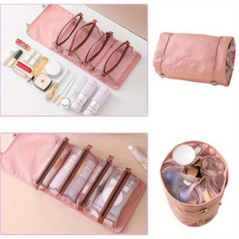 4-in-1 Roll-Up Hanging Makeup Bag with Detachable Mesh Pouches – Travel Cosmetic Organizer (Random Color-Pack of 1)