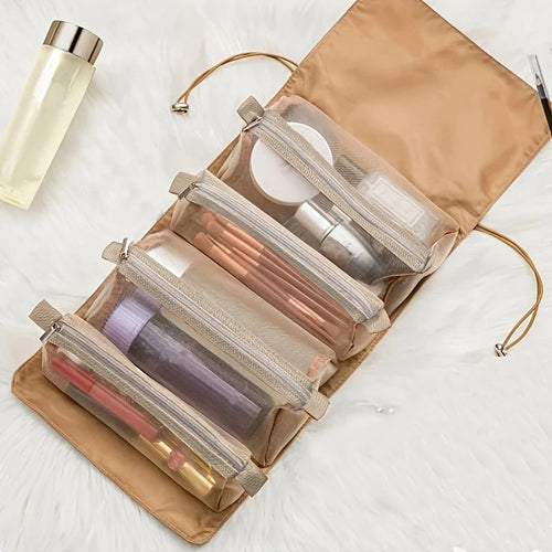 4-in-1 Roll-Up Hanging Makeup Bag with Detachable Mesh Pouches – Travel Cosmetic Organizer (Random Color-Pack of 1)