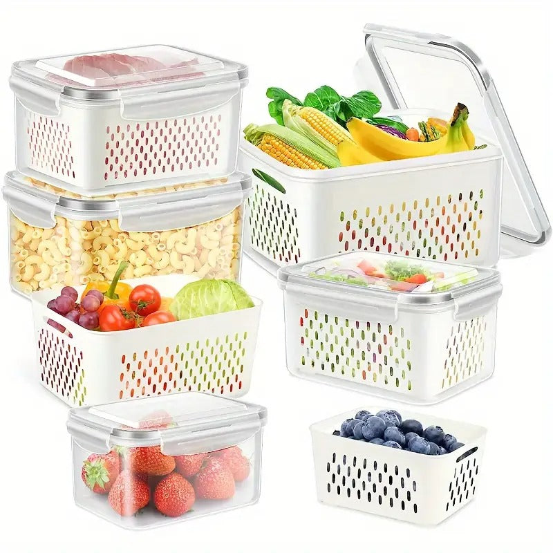 4 Pcs Vegetable and Fruit Storage Containers with Lids – BPA-Free Fridge Organizer Bins with Drain Basket
