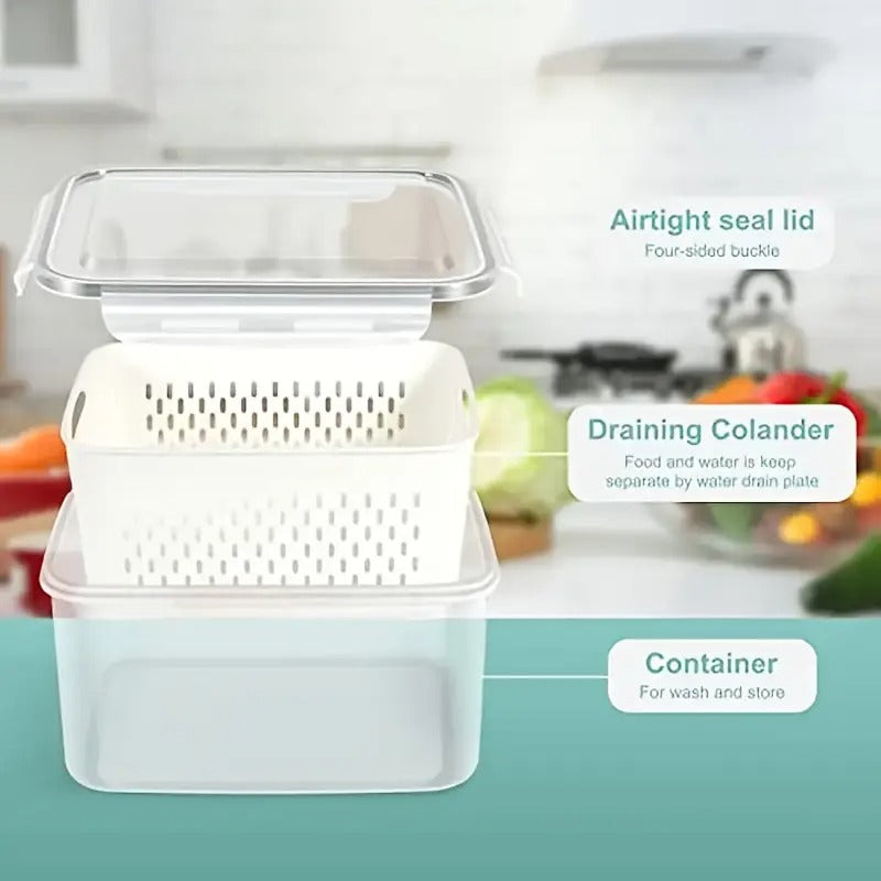 4 Pcs Vegetable and Fruit Storage Containers with Lids – BPA-Free Fridge Organizer Bins with Drain Basket
