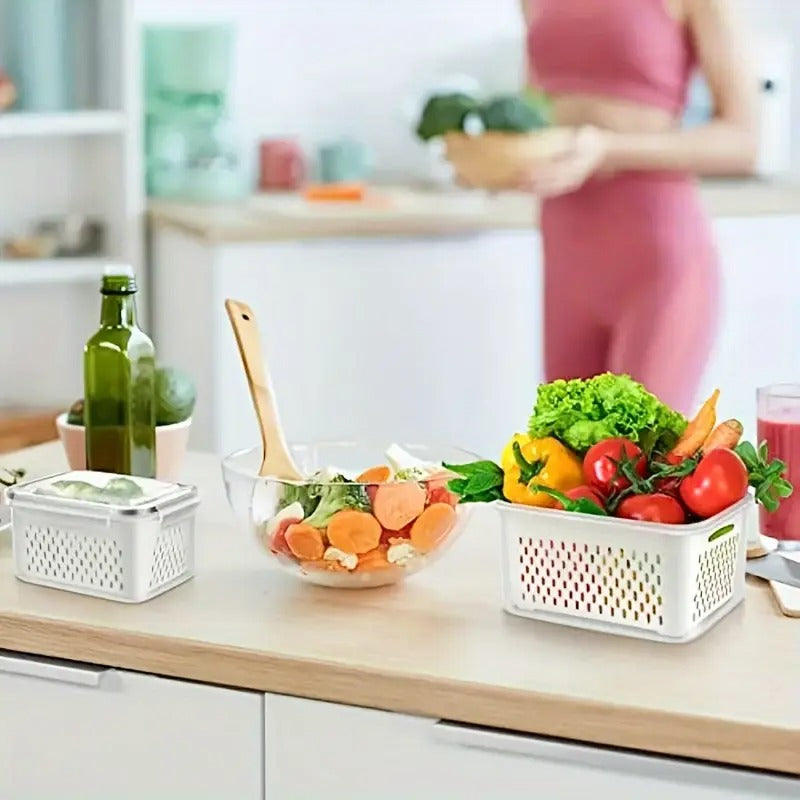 4 Pcs Vegetable and Fruit Storage Containers with Lids – BPA-Free Fridge Organizer Bins with Drain Basket