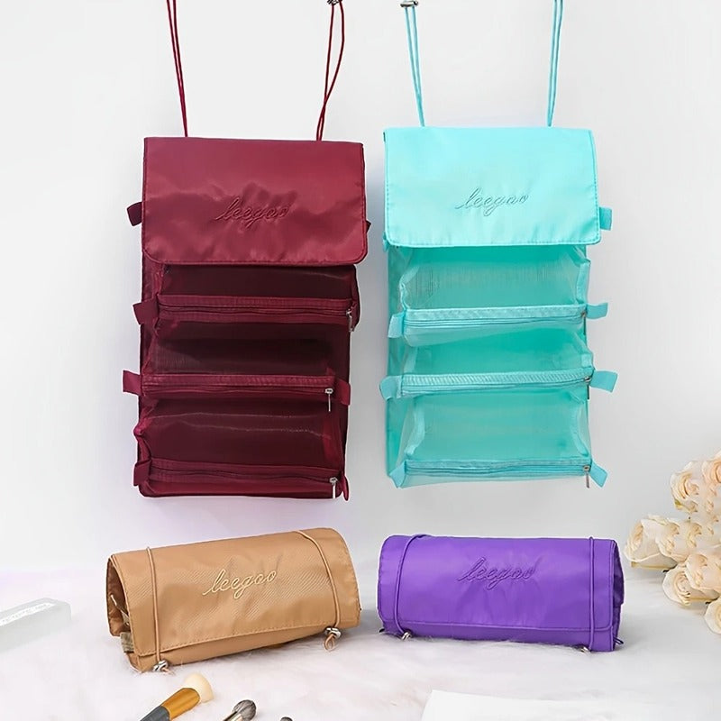 4-in-1 Roll-Up Hanging Makeup Bag with Detachable Mesh Pouches – Travel Cosmetic Organizer (Random Color-Pack of 1)