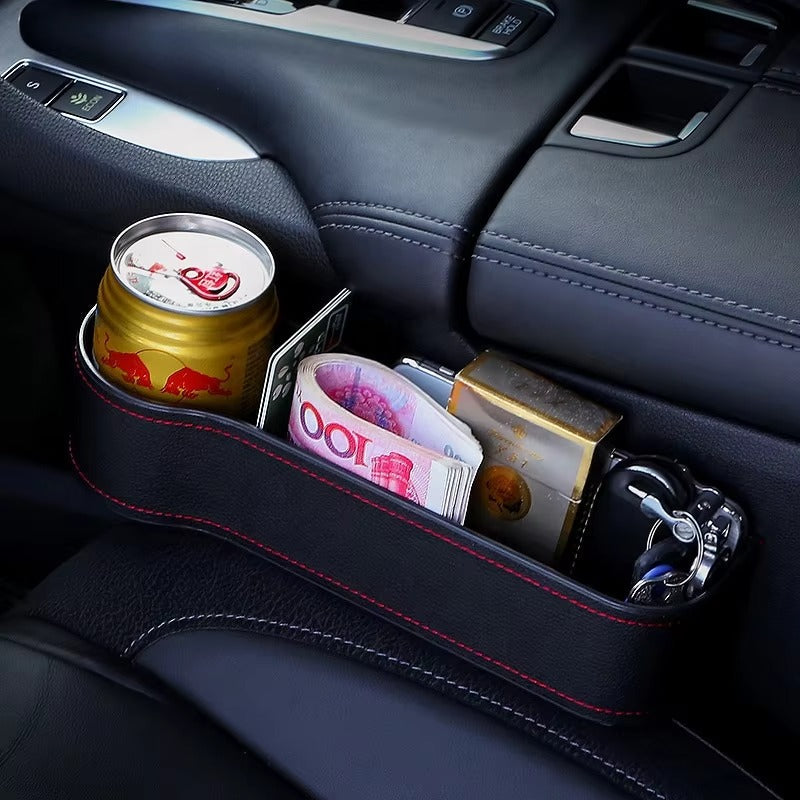 Multifunction Car Seat Organizer – Gap Filler Storage Box with Red Stitching