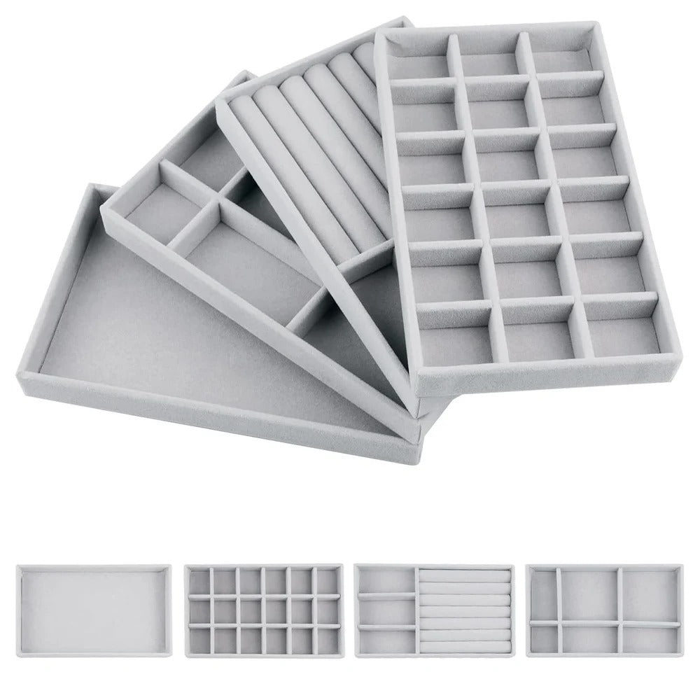 Velvet Jewelry Organizer 4 Pcs Tray – Stackable Storage Box with Compartments for Rings, Earrings, Bracelets, and Necklaces
