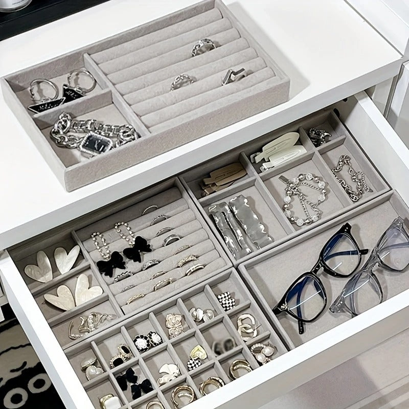 Velvet Jewelry Organizer 4 Pcs Tray – Stackable Storage Box with Compartments for Rings, Earrings, Bracelets, and Necklaces