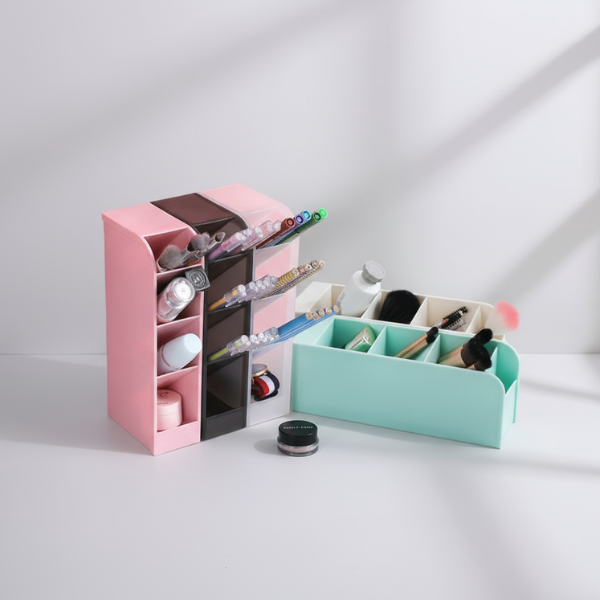 4 Grid Desktop Pen & Cosmetic Holder – Multi-Purpose Desk Organizer for Stationery & Makeup (Random Color-Pack of 1)
